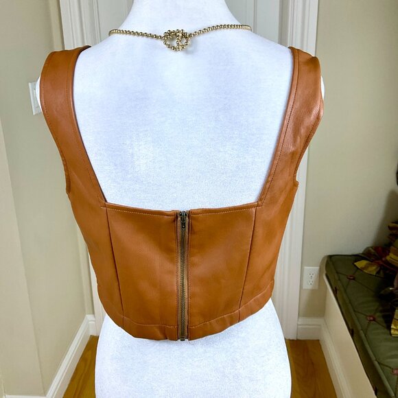 Anthropologie Maeve Top Crop Faux Leather Square Neck Tan Brown (6) - Picture 3 of 7